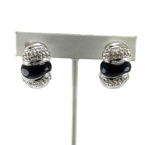 Vintage Silver Tone Black Enamel Rhinestone Clip On Earrings Retro Jewelry - Picture 4 of 5